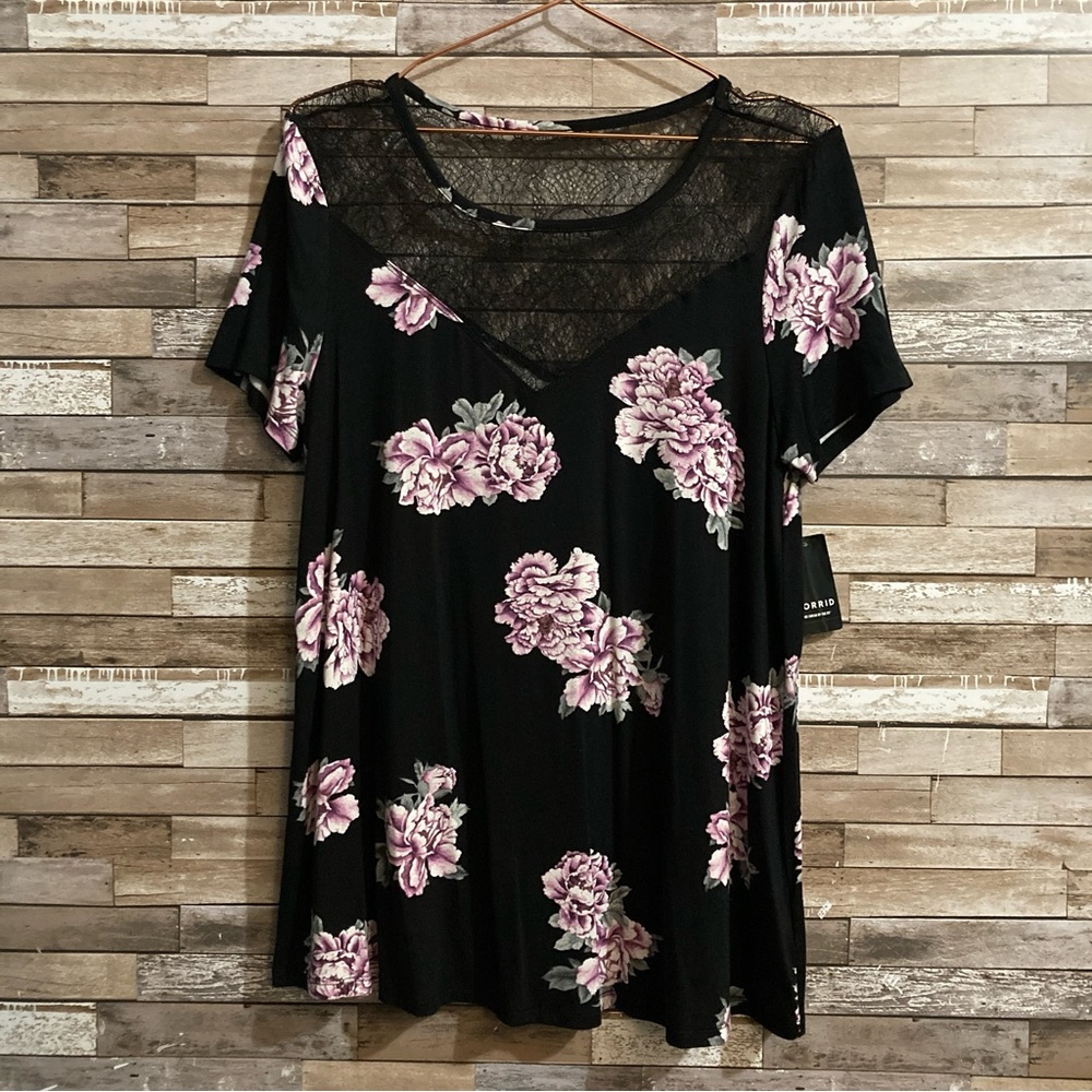 Torrid Super Soft Black Floral Lace Yoke Top